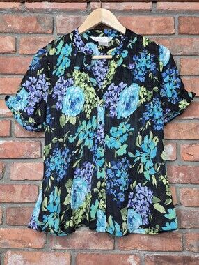 Tradition Size 12 Black Blue Floral Pleated Button Front Blouse